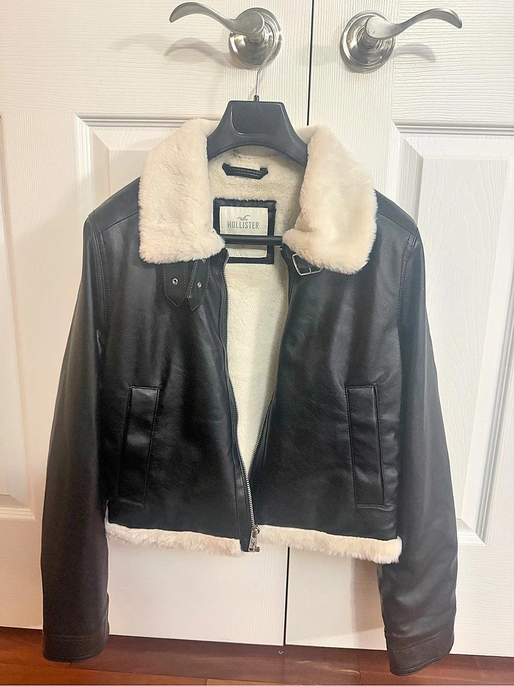 Hollister Faux Leather Shearling Bomber Jacket Black Small
